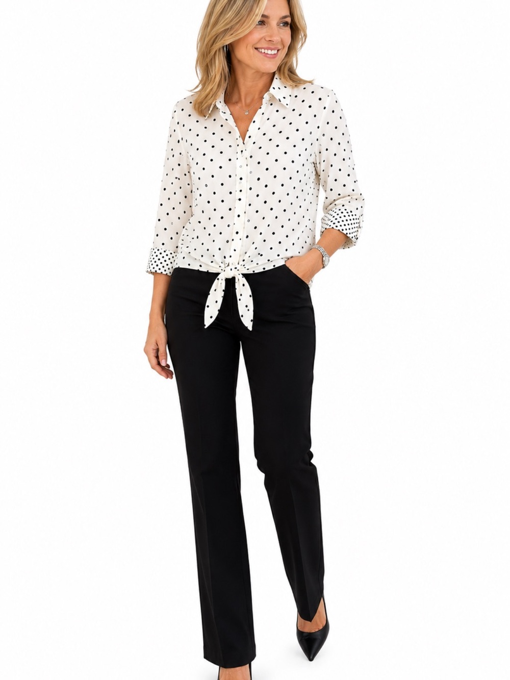 Chico’s No Iron Polka Dot Tie Front Blouse Size 2 Large 100% Cotton